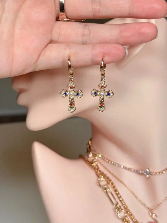 Gold Cross Pendant Huggie Earring with Multicolor Stones - Picture 8 of 12